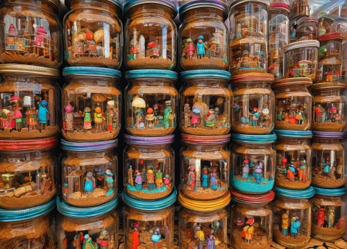 gingerbread jars,honey jars,preserved food,jars,candy jars,prayer wheels,spice market,mason jars,honey jar,colored spices,canned food,glass containers,spice rack,spices,indian spices,russian dolls,spice souk,canning,jar,paint cans,Conceptual Art,Graffiti Art,Graffiti Art 05