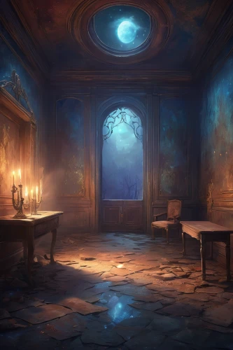 blue room,abandoned room,dandelion hall,backgrounds,the little girl's room,ornate room,fantasy picture,the threshold of the house,cold room,hall of the fallen,consulting room,atmospheric,nightlight,myst,light of night,blue lamp,fantasy landscape,apothecary,divination,sci fiction illustration,Illustration,Realistic Fantasy,Realistic Fantasy 01