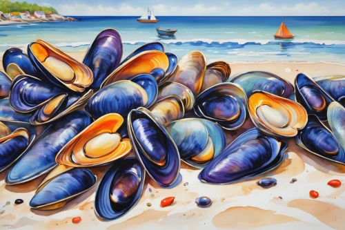 mussels,baltic clam,mussel,watercolor seashells,new england clam bake,clams,clamshell,clam,marine gastropods,molluscs,mollusks,blue sea shell pattern,shellfish,periwinkles,clam shell,grilled mussels,shells,abalone,seashells,bivalve,Illustration,Abstract Fantasy,Abstract Fantasy 13