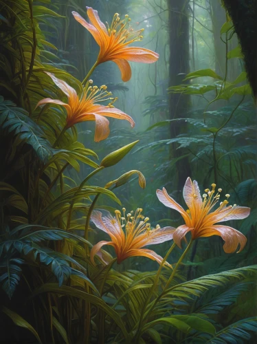 lilies,lilies of the valley,forest anemone,lillies,cluster-lilies,torch lilies,lotus flowers,forest flower,orange lily,palm lilies,water lilies,fairy forest,lily water,lotuses,tiger lily,pond flower,golden lotus flowers,lily flower,flower painting,splendor of flowers,Illustration,Realistic Fantasy,Realistic Fantasy 03