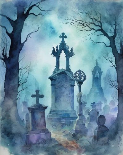 tombstones,old graveyard,grave stones,gravestones,burial ground,graveyard,necropolis,cemetary,grave light,sepulchre,graves,watercolor background,cemetery,memento mori,halloween illustration,old cemetery,haunted cathedral,magnolia cemetery,halloween background,celtic cross,Illustration,Realistic Fantasy,Realistic Fantasy 02