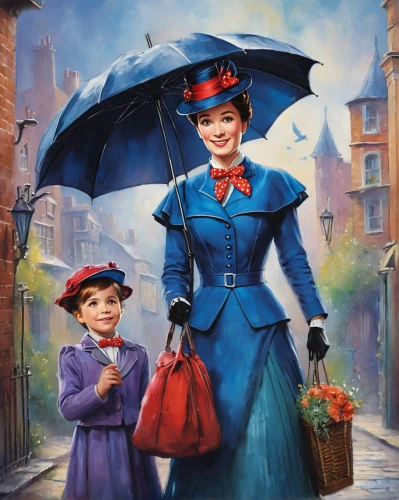 mary poppins,little girl with umbrella,shanghai disney,walking in the rain,brolly,disneyland park,umbrellas,oil painting on canvas,rain stoppers,disneyland paris,umbrella,stepmother,disney,euro disney,little girl and mother,walt disney world,the victorian era,protection from rain,red rose in rain,nanny,Conceptual Art,Daily,Daily 32