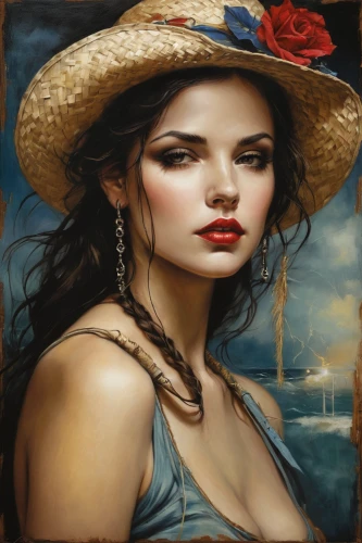 straw hat,girl on the boat,art painting,oil painting,romantic portrait,oil painting on canvas,the sea maid,womans seaside hat,panama hat,fantasy art,the hat-female,girl wearing hat,italian painter,the hat of the woman,photo painting,gondolier,seafaring,girl on the river,countrygirl,woman's hat,Illustration,Realistic Fantasy,Realistic Fantasy 10