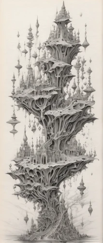 tower of babel,mushroom island,floating island,tree house,bird tower,floating islands,mushroom landscape,treehouse,artificial islands,animal tower,sci fiction illustration,bonsai,the vessel,the japanese tree,tree of life,apiarium,artificial island,escher,utopian,airships,Illustration,Black and White,Black and White 30