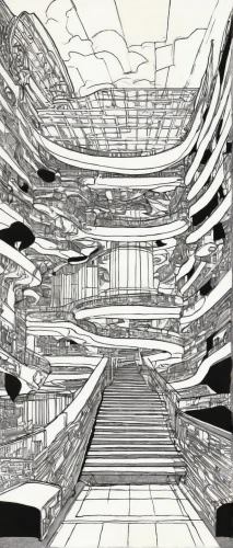 panopticon,cross section,panoramical,multi storey car park,cross-section,wireframe,futuristic architecture,fractal environment,maze,spaceship space,terraced,wireframe graphics,kirrarchitecture,underground car park,spaces,japanese architecture,multistoreyed,stage design,large space,circuitry,Illustration,Black and White,Black and White 17