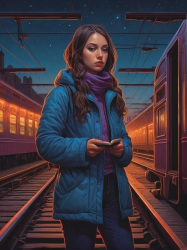 the girl at the station,sci fiction illustration,amtrak,mystery book cover,pedestrian,rosa ' amber cover,la violetta,early train,cg artwork,passenger,girl with gun,girl walking away,world digital painting,a pedestrian,train,girl with a gun,train of thought,girl with bread-and-butter,game illustration,girl in a long,Conceptual Art,Daily,Daily 25