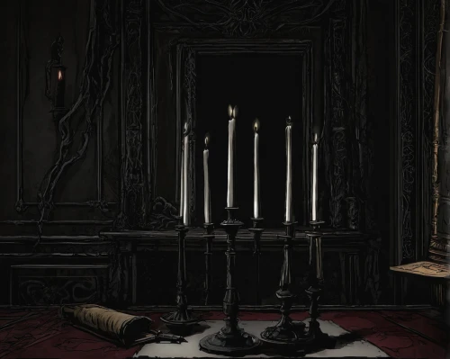 dark cabinetry,candlestick for three candles,candlesticks,black candle,candlestick,candlemaker,ornate room,dark cabinets,a dark room,dark gothic mood,the throne,candle wick,fireplace,witch house,flameless candle,a candle,candlelights,sepulchre,fireplaces,armoire,Illustration,Paper based,Paper Based 02