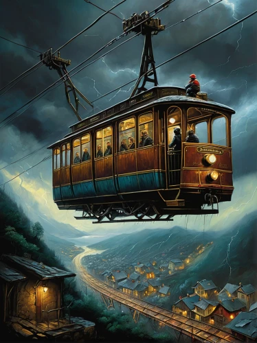 cablecar,cable cars,cable car,cable railway,trolley train,the lisbon tram,tramway,electric train,gondola lift,streetcar,trolley,trolley bus,tram,trolleybuses,trolleybus,tram car,street car,trolleys,ghost train,aerial passenger line,Illustration,Realistic Fantasy,Realistic Fantasy 34