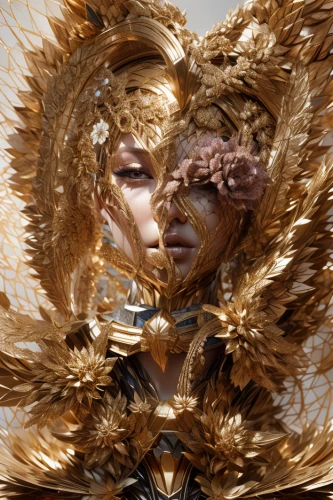 golden mask,mandelbulb,gold mask,masquerade,golden wreath,gold foil art,woman of straw,fractals art,fractalius,gold leaf,hive,gold paint stroke,venetian mask,the carnival of venice,apophysis,biomechanical,headdress,masque,golden crown,meridians