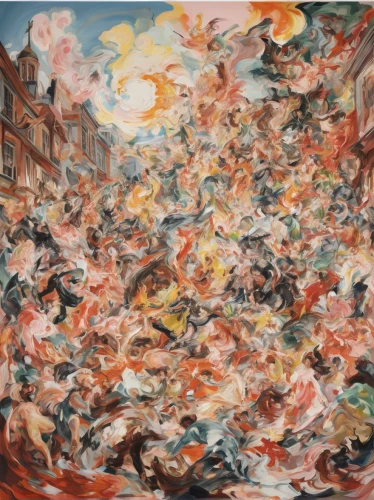 explosion,inferno,warsaw uprising,amano,the carnival of venice,exploding,chaos,chaotic,baroque,dante's inferno,the conflagration,explosion destroy,apocalypse,apocalyptic,buddhist hell,destruction,turmoil,oil on canvas,zao,catastrophe,Conceptual Art,Oil color,Oil Color 18