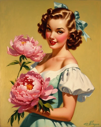 valentine day's pin up,valentine pin up,vintage flowers,peonies,floral greeting card,holding flowers,floral greeting,pink roses,peony pink,retro pin up girl,vintage women,pin ups,pink peony,retro flowers,vintage floral,vintage girl,florists,girl in flowers,pink magnolia,vintage woman,Illustration,Retro,Retro 10