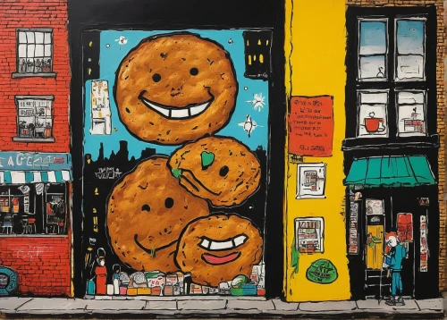 donut illustration,brooklyn street art,pâtisserie,cookies,donut drawing,gingerbread people,empanadas,deli,stack of cookies,gingerbread men,bakery,new york restaurant,bagels,pastry shop,store fronts,ginger cookie,knish,store front,panettone,raisin bread,Art,Artistic Painting,Artistic Painting 51