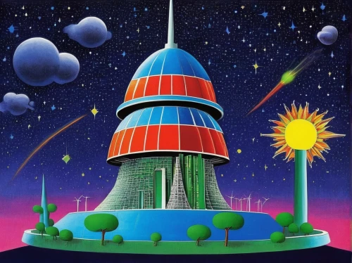 basil's cathedral,electric tower,observatory,planetarium,earth station,space port,temples,cellular tower,futuristic landscape,starship,sky city,fantasy city,spacescraft,earth rise,utopian,fairy chimney,space ship,silo,skyscraper,fantasy world,Art,Artistic Painting,Artistic Painting 33