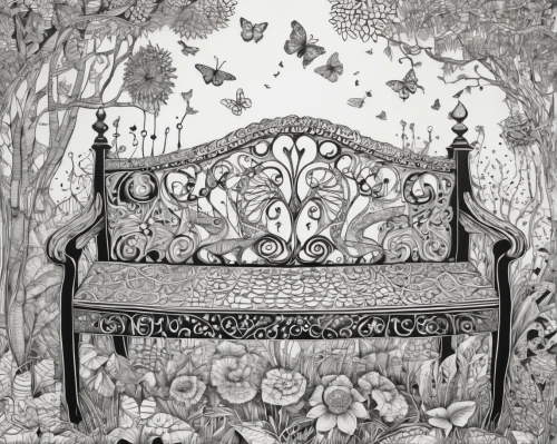 floral chair,armchair,cd cover,garden bench,throne,hand-drawn illustration,upholstery,lace border,book illustration,chaise,hunting seat,cover,tapestry,paisley pattern,the throne,wing chair,old chair,settee,chair,damask background,Illustration,Black and White,Black and White 11