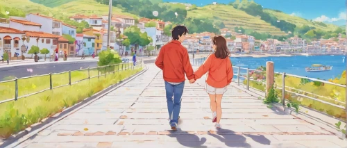 hiyayakko,promenade,anime japanese clothing,tsumugi kotobuki k-on,love background,studio ghibli,summer day,stroll,red string,hand in hand,summer background,walk,kimonos,japanese sakura background,romantic scene,beautiful frame,anime 3d,白斩鸡,red summer,love bridge,Illustration,Japanese style,Japanese Style 01