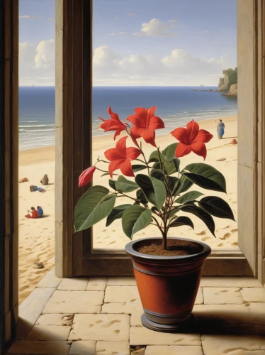 beach landscape,poinsettia,sand jasmine,beach moonflower,landscape with sea,coastal landscape,cloves schwindl inge,carol colman,mandevilla,still life of spring,red magnolia,summer still-life,grant wood,oleander,home landscape,window with sea view,carol m highsmith,cape marguerites,magnolia,impatiens,Art,Classical Oil Painting,Classical Oil Painting 41