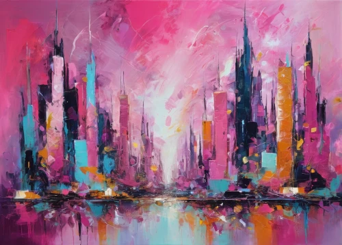 cityscape,colorful city,city skyline,skyscrapers,metropolis,city scape,new york skyline,pink city,abstract painting,city cities,manhattan skyline,futuristic landscape,fantasy city,cities,big city,city,city blocks,urban,art painting,manhattan,Conceptual Art,Oil color,Oil Color 20