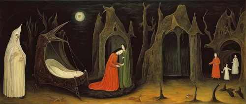 procession,secret garden of venus,burial ground,candlemas,nativity,coffins,the annunciation,dance of death,catacombs,angel trumpets,the pied piper of hamelin,surrealism,monks,pilgrims,angel's trumpets,stalagmite,sepulchre,khokhloma painting,witches' hats,celebration of witches,Illustration,Abstract Fantasy,Abstract Fantasy 16