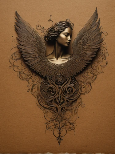 paper art,winged heart,gold foil art,wood angels,angel wings,chalk drawing,wood carving,baroque angel,kraft paper,black angel,angel wing,wood art,embossed,winged,the archangel,angelology,the angel with the veronica veil,cardboard background,angel head,archangel,Illustration,Realistic Fantasy,Realistic Fantasy 29
