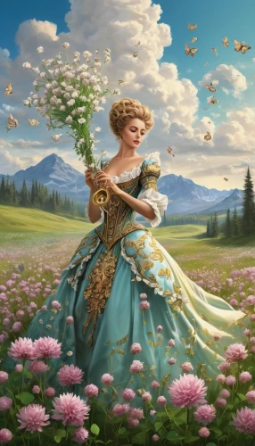 fantasy picture,rapunzel,girl in flowers,fantasy portrait,cinderella,girl picking flowers,woman playing violin,fairy tale character,violinist,violin woman,rosa 'the fairy,tiana,springtime background,children's fairy tale,fantasia,fantasy art,spring background,serenade,cg artwork,holding flowers,Art,Classical Oil Painting,Classical Oil Painting 01