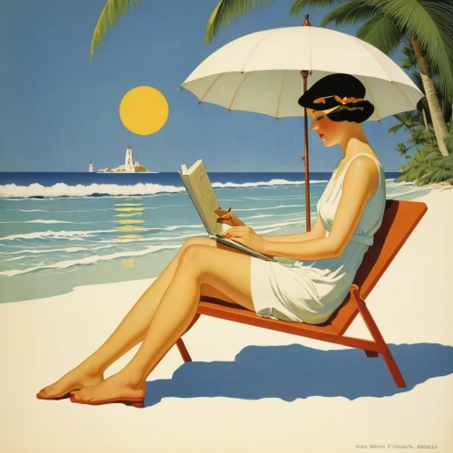 vintage illustration,travel poster,vintage art,woman with ice-cream,art deco woman,yellow sun hat,advertising figure,sunscreen,people reading newspaper,woman holding a smartphone,travel woman,panama hat,sunlounger,mercury transit,sun protection,sunbeds,t normandie,deckchair,the balearics,italian poster,Illustration,Retro,Retro 15