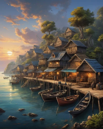 floating huts,fishing village,fantasy landscape,an island far away landscape,floating islands,wooden houses,monkey island,stilt houses,world digital painting,seaside resort,java island,fantasy picture,house by the water,islands,huts,resort town,fisherman's house,popeye village,tahiti,boat landscape,Conceptual Art,Daily,Daily 01