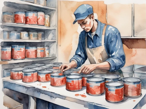 canning,paint cans,canned food,tin cans,meticulous painting,tin can,paints,tomato paste,tea tin,preserves,blue-collar worker,watercolor shops,cans of drink,watercolor tea,painting work,watercolor paint,painting technique,empty cans,round tin can,painting,Illustration,Paper based,Paper Based 25