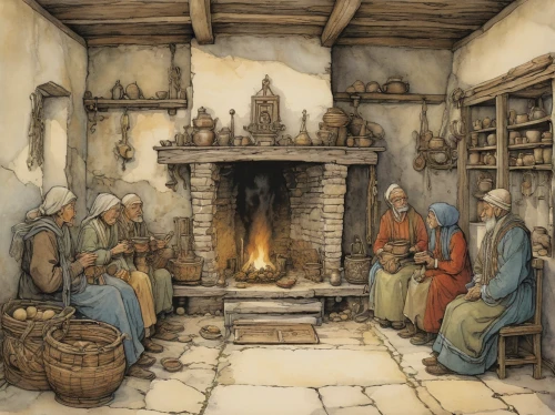 candlemaker,candlemas,fireplaces,nativity,middle ages,fireplace,hearth,nativity village,medieval market,druids,the middle ages,consulting room,children studying,ancient house,kate greenaway,the three magi,monks,cookery,fireside,the abbot of olib,Illustration,Paper based,Paper Based 29