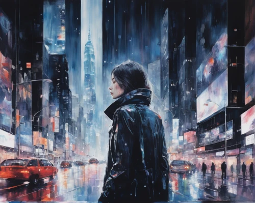 walking in the rain,light rain,blue rain,pedestrian,in the rain,cyberpunk,rainy,rain,city lights,heavy rain,silver rain,rains,precipitation,shinjuku,sci fiction illustration,citylights,cityscape,a pedestrian,rainstorm,rainy day,Illustration,Paper based,Paper Based 20