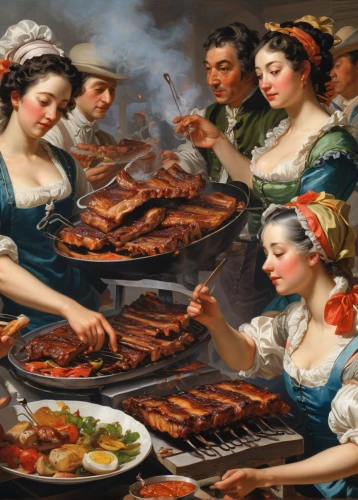 barbecue,catering service bern,barbeque,bougereau,viennese cuisine,spare ribs,sicilian cuisine,competitive eating,pork barbecue,catering,chicken barbecue,barbeque grill,feast,filipino barbecue,woman holding pie,paella,bbq,franz winterhalter,leittafel,gluttony,Art,Classical Oil Painting,Classical Oil Painting 36