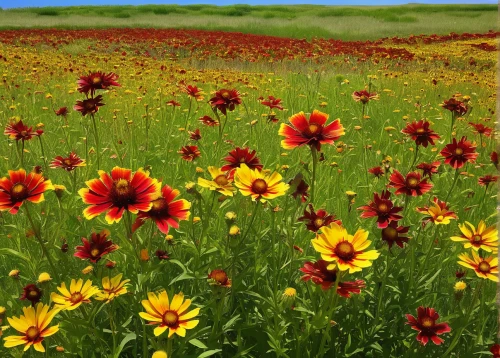 blanket flowers,indian blanket,sand coreopsis,flowers field,flower field,gaillardia,helenium,field of flowers,field flowers,wildflowers,blooming field,wildflower meadow,rudbeckia,blanket of flowers,alpine meadow,coneflowers,summer meadow,flowers of the field,meadow flowers,grasslands,Illustration,Japanese style,Japanese Style 18