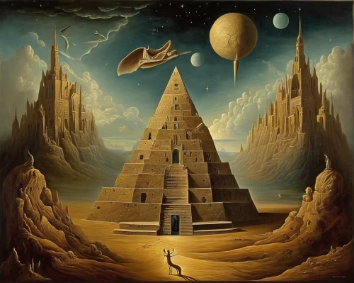 pyramids,golden scale,surrealism,dali,el salvador dali,step pyramid,pyramid,surrealistic,maat mons,kharut pyramid,eastern pyramid,freemasonry,egyptology,russian pyramid,tower of babel,ancient egypt,equilibrium,hieroglyph,the great pyramid of giza,temples,Illustration,Realistic Fantasy,Realistic Fantasy 40