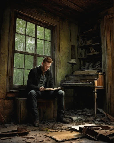 abandoned room,sci fiction illustration,lee child,lost places,lost place,digital compositing,photo manipulation,bookworm,attic,abandoned places,book illustration,abandoned,lostplace,world digital painting,watchmaker,game illustration,abandoned place,child with a book,potter,abandoned house,Illustration,Paper based,Paper Based 18