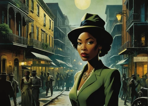 new orleans,african american woman,ester williams-hollywood,art deco woman,absinthe,blues and jazz singer,tiana,gas lamp,mystery book cover,sci fiction illustration,old havana,savannah,the girl at the station,nigeria woman,vesper,streetcar,clue and white,girl in a historic way,vintage illustration,black woman,Illustration,Realistic Fantasy,Realistic Fantasy 29