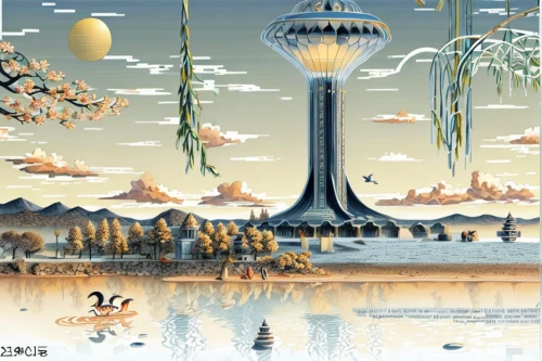 futuristic landscape,mushroom landscape,utopian,fantasy city,fukushima,japan landscape,fantasy world,mushroom island,sky city,airships,metropolis,artificial islands,skycraper,skyscrapers,cellular tower,artificial island,fantasy landscape,tv tower,temples,post-apocalyptic landscape