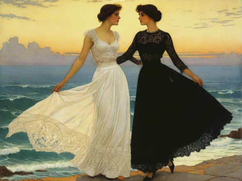 two girls,young women,evening dress,promenade,young couple,breton,courtship,women silhouettes,vintage art,summer evening,wedding dresses,asher durand,sewing silhouettes,idyll,romantic portrait,the sea maid,the three graces,by the sea,women's clothing,la violetta,Illustration,Retro,Retro 01