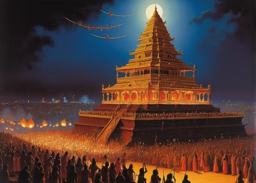 golden temple,buddhist hell,theravada buddhism,dhammakaya pagoda,ramayana festival,kharut pyramid,kathmandu,hindu temple,myanmar,stupa,sea shore temple,cambodia,tower of babel,sangharaja,pillar of fire,hanging temple,devotees,diwali,indian art,buddha's birthday,Conceptual Art,Sci-Fi,Sci-Fi 21