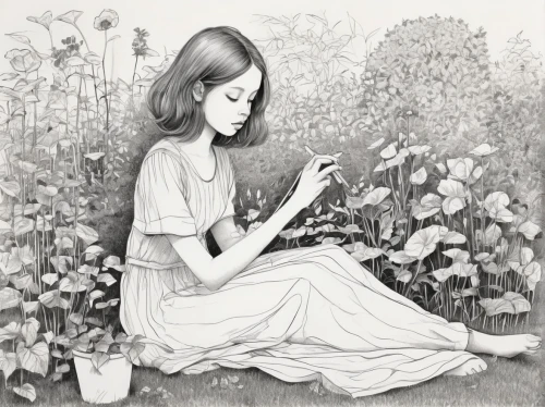 girl picking flowers,girl in the garden,girl in flowers,girl drawing,book illustration,coffee tea illustration,girl studying,little girl reading,picking flowers,hand-drawn illustration,the girl studies press,gardening,flower and bird illustration,vintage drawing,bookworm,lily of the field,pencil drawings,coffee tea drawing,eglantine,ilustration,Photography,Fashion Photography,Fashion Photography 26