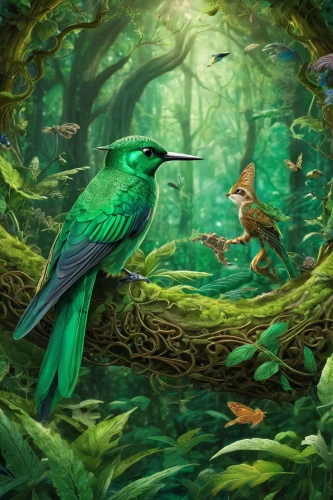 fairy forest,bird illustration,fantasy picture,hummingbirds,bird painting,bird kingdom,flower and bird illustration,world digital painting,woodland animals,green bird,forest animals,forest background,elven forest,fairy world,quetzal,green wallpaper,tropical birds,elves flight,nature bird,children's fairy tale,Illustration,Black and White,Black and White 03