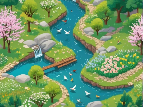 river landscape,a river,springtime background,spring background,brook landscape,japanese sakura background,cartoon video game background,a small waterfall,river course,boat rapids,mountain spring,water courses,sakura trees,flowing creek,cartoon forest,background vector,game illustration,waterway,koi pond,pigeon spring,Unique,3D,Isometric