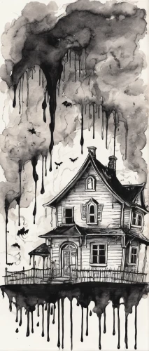 haunted house,the haunted house,creepy house,stilt houses,ink painting,stilt house,witch house,ghost castle,log home,lonely house,ghost ship,burning house,witch's house,haunted castle,burned pier,wooden houses,house drawing,houses clipart,chimneys,serial houses,Illustration,Black and White,Black and White 34