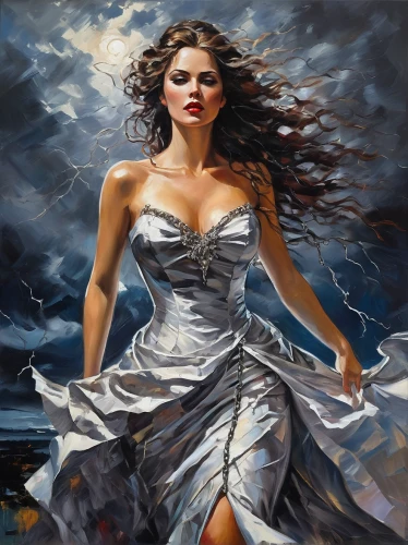 the sea maid,the wind from the sea,oil painting on canvas,fantasy art,celtic woman,art painting,oil painting,wind wave,gone with the wind,girl on the river,fantasy woman,little girl in wind,wind warrior,romantic portrait,girl on the boat,windy,fantasy picture,sea storm,world digital painting,girl in a long dress,Conceptual Art,Oil color,Oil Color 10