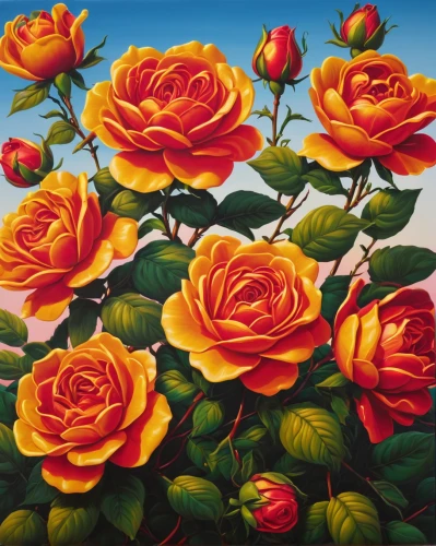 orange roses,esperance roses,sun roses,colorful roses,blooming roses,flower painting,roses-fruit,yellow rose background,noble roses,yellow orange rose,red-yellow rose,landscape rose,floribunda,orange rose,oil painting on canvas,roses daisies,spray roses,rosebushes,way of the roses,yellow roses,Conceptual Art,Daily,Daily 19