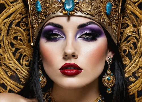 cleopatra,oriental princess,orientalism,queen cage,miss circassian,queen crown,headdress,priestess,crowned,gold crown,queen of the night,vintage makeup,arabian,adornments,headpiece,imperial crown,golden crown,crowned goura,venetian mask,gold and purple,Illustration,Realistic Fantasy,Realistic Fantasy 10