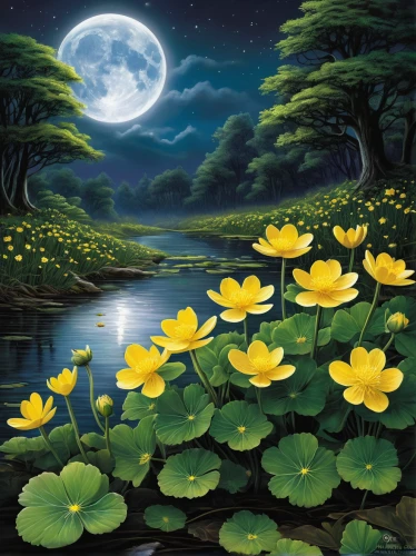 lotus pond,marsh marigolds,lily pads,marsh marigold,lotus flowers,water lilies,lotuses,golden lotus flowers,water lotus,white water lilies,nuphar lutea,lotus on pond,waterlily,lotus blossom,pond flower,lily pad,lily pond,sacred lotus,lotus hearts,water lilly,Conceptual Art,Fantasy,Fantasy 30