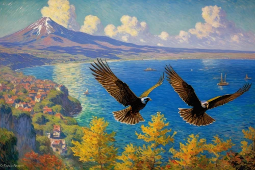 bald eagles,frederic church,eagle illustration,birds in flight,mongolian eagle,macaws of south america,steller's sea eagle,mountain hawk eagle,american bald eagle,bald eagle,bird flight,turkey vulture,fantasy picture,flying birds,golden eagle,of prey eagle,macaws,eagle,northern harrier,bird painting,Art,Artistic Painting,Artistic Painting 04