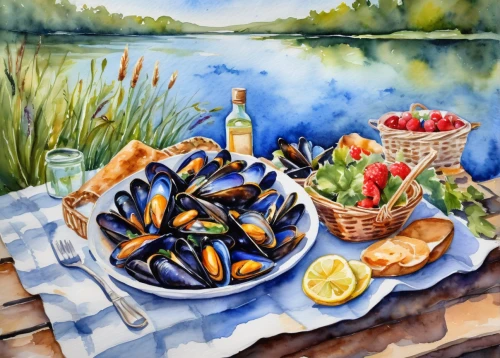 new england clam bake,mussels,grilled mussels,seafood boil,bouillabaisse,seafood platter,shellfish,crab boil,mussel,sea foods,sea food,picnic boat,summer still-life,seafood,baltic clam,cajun food,watercolor painting,summer foods,mediterranean diet,fruits of the sea,Illustration,Paper based,Paper Based 24