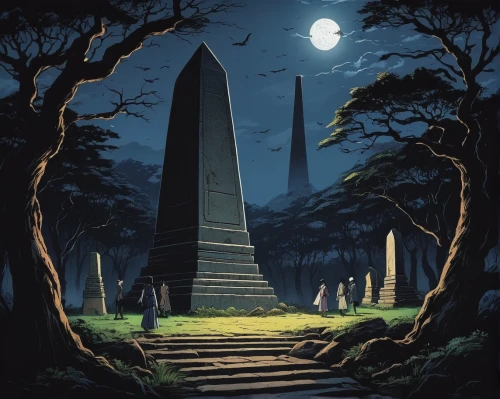 obelisk tomb,obelisk,tombstones,necropolis,burial ground,the grave in the earth,resting place,graveyard,tombs,cemetary,grave stones,gravestones,sepulchre,graves,grave light,monuments,tombstone,mausoleum ruins,mortuary temple,game illustration,Illustration,Japanese style,Japanese Style 09