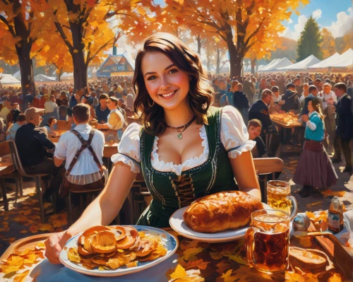 oktoberfest,oktoberfest celebrations,oktoberfest background,bavarian,bavarian dinner,bavarian swabia,oktoberfest cats,woman holding pie,czech cuisine,harvest festival,german food,autumn taste,girl with bread-and-butter,hungarian food,apfelwein,viennese cuisine,schutzfest,bavaria,eastern european food,slovakian cuisine,Conceptual Art,Oil color,Oil Color 12