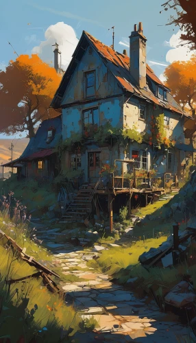 one autumn afternoon,farmstead,autumn light,autumn morning,home landscape,autumn landscape,autumn sun,fall landscape,lonely house,tavern,autumn day,autumn idyll,farmhouse,autumn scenery,cottage,old home,mountain settlement,summer cottage,little house,autumn sunshine,Conceptual Art,Sci-Fi,Sci-Fi 01